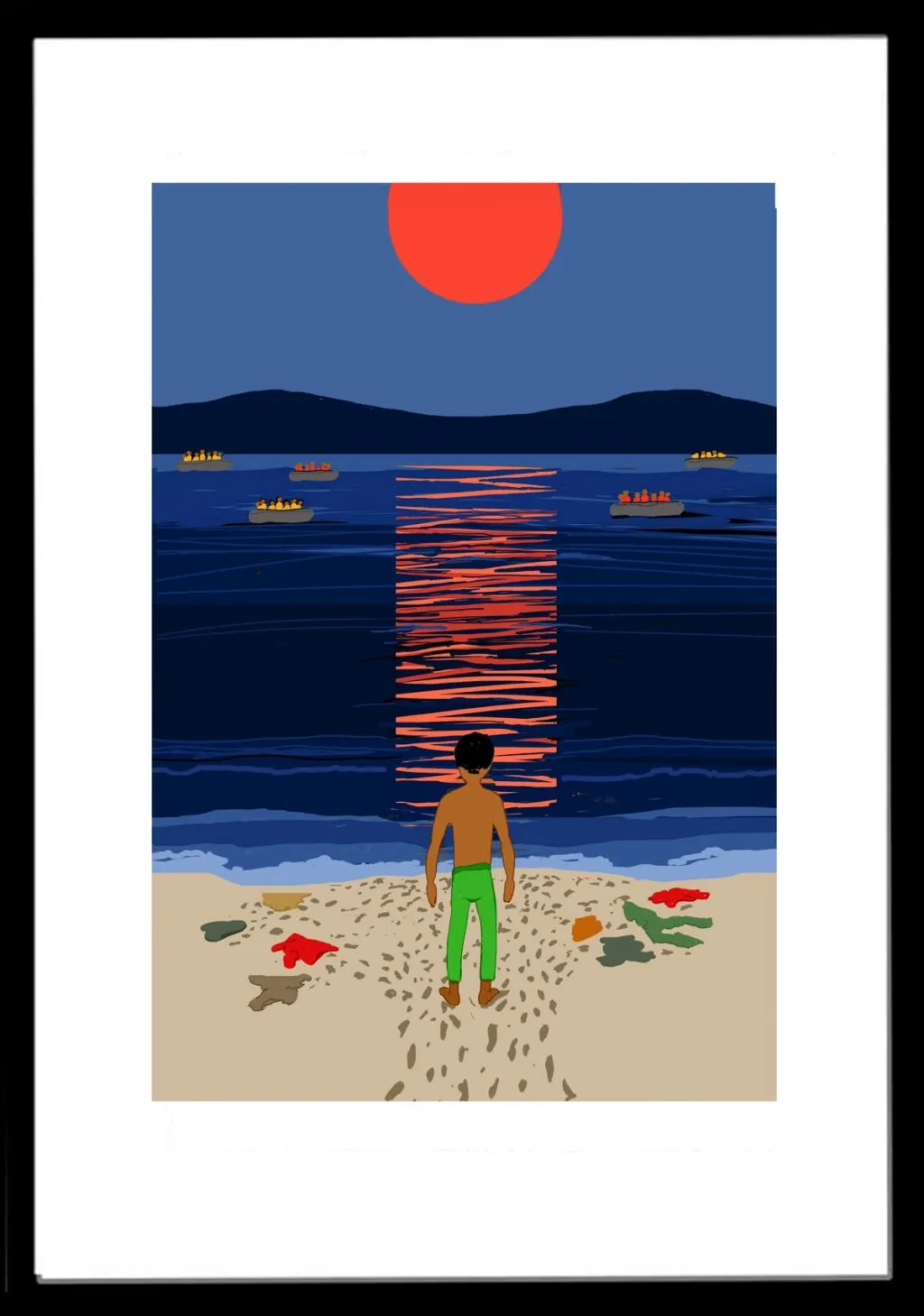 En person står på en mørklagt strand og ser utover sjøen der flere båter er på vei bort. rundt ligger gjenglemte klær