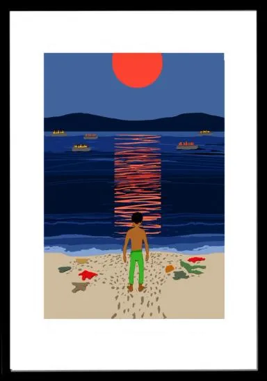 En person står på en mørklagt strand og ser utover sjøen der flere båter er på vei bort. rundt ligger gjenglemte klær