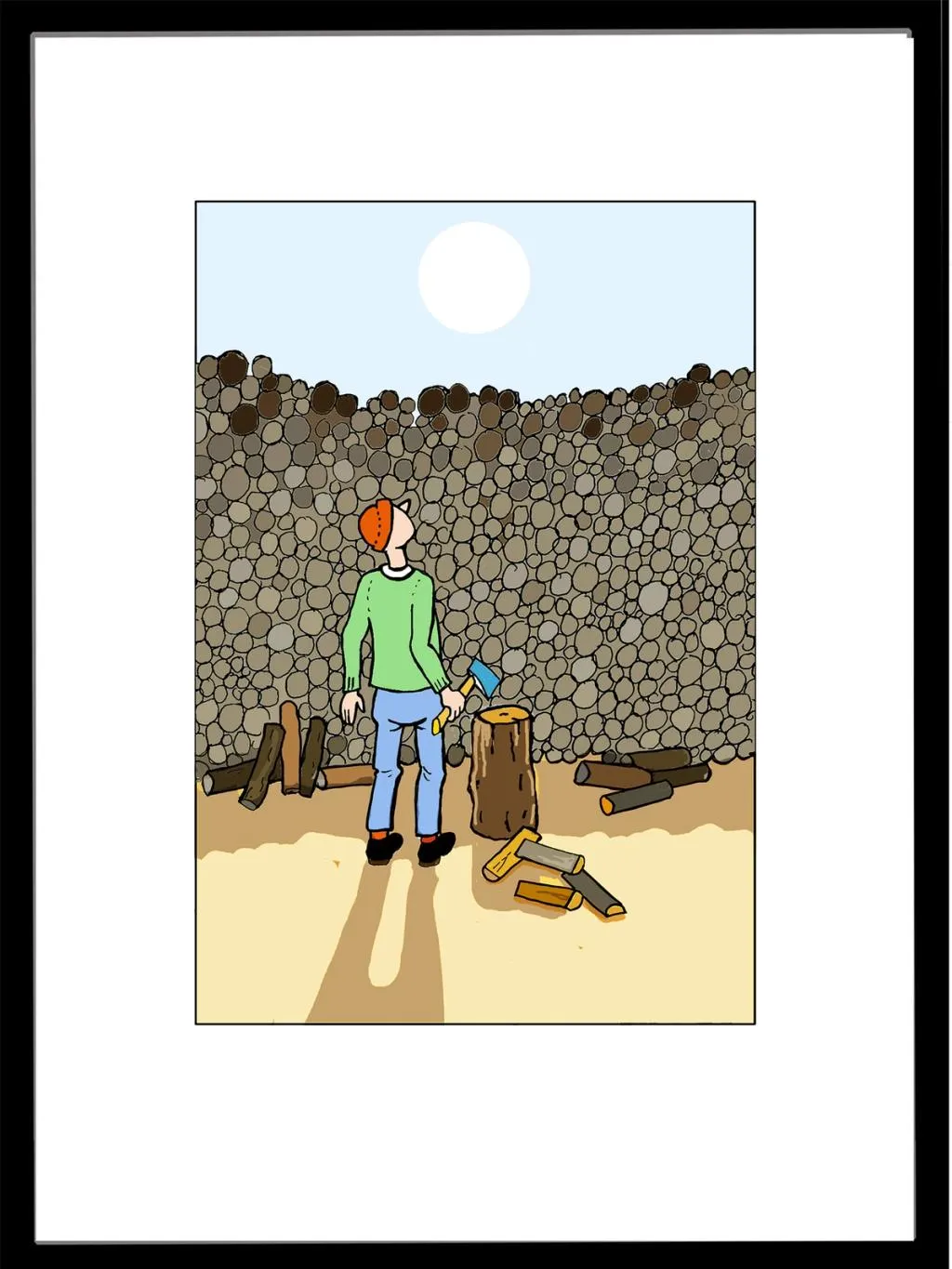 en mann står med øks og ser på en kjempe haug med ved som skal kløyves