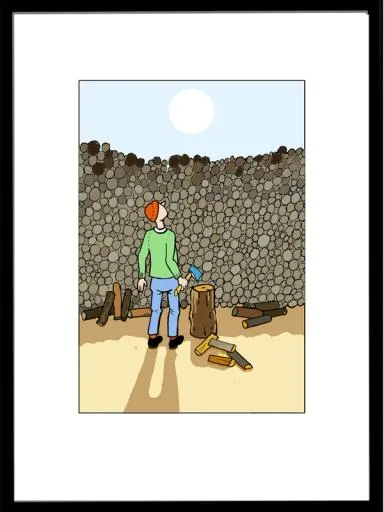 en mann står med øks og ser på en kjempe haug med ved som skal kløyves