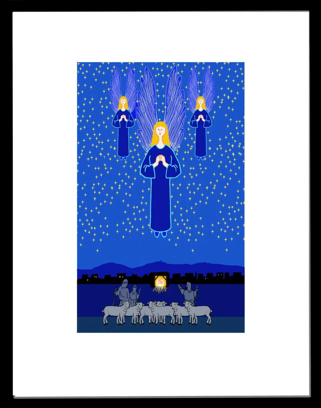 En himmel fylt av engler. Fremst er en som er større enn de andre .Under er stallen der jesus blir født