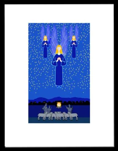 En himmel fylt av engler. Fremst er en som er større enn de andre .Under er stallen der jesus blir født