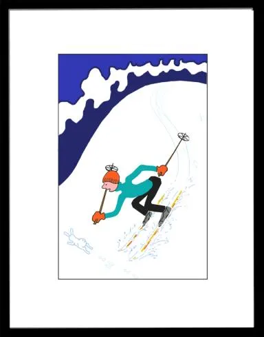 En person står på ski ned en bratt bakka. Humor