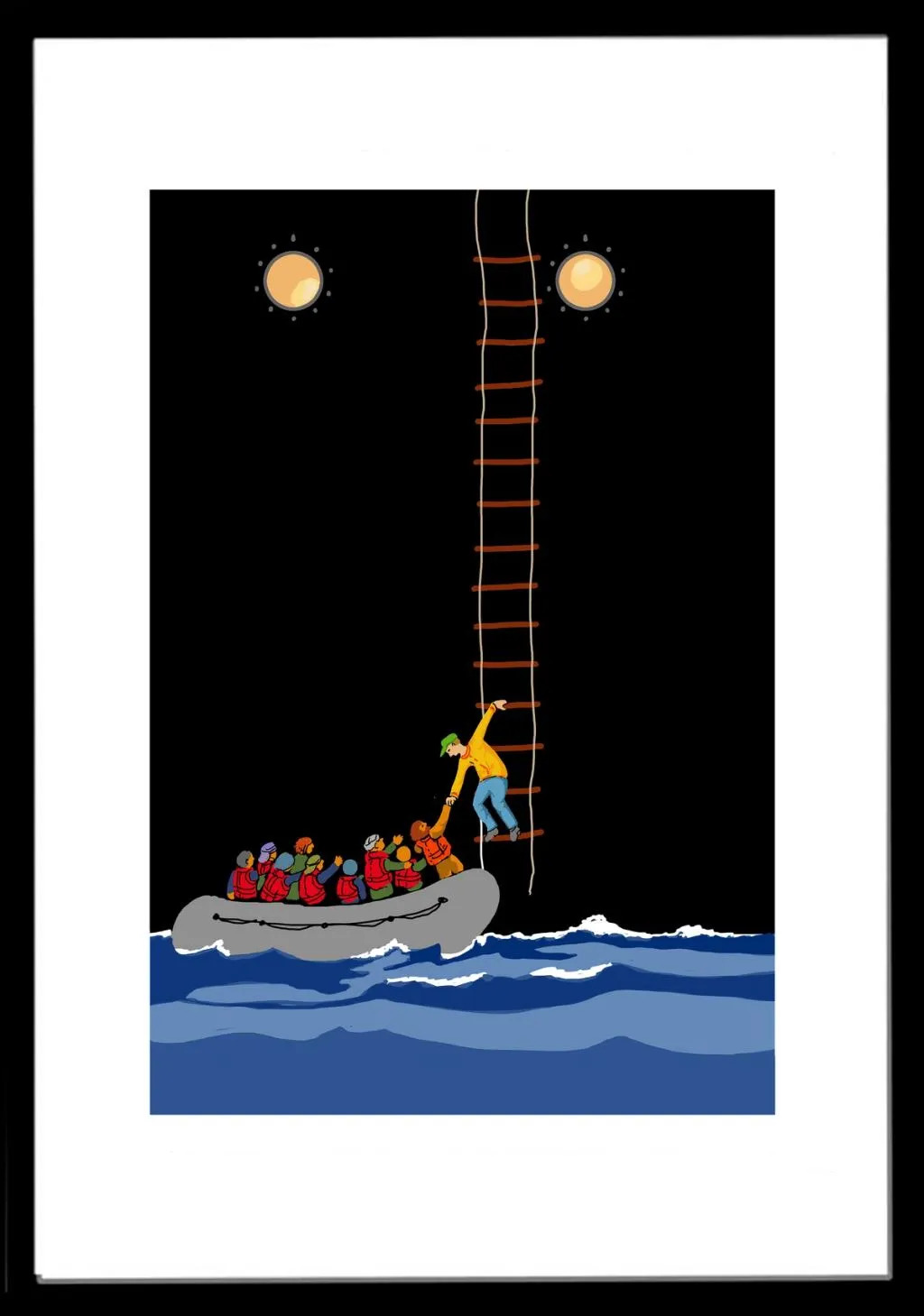 En ribb med båtflyktninger blir reddet ombord i et stort skip