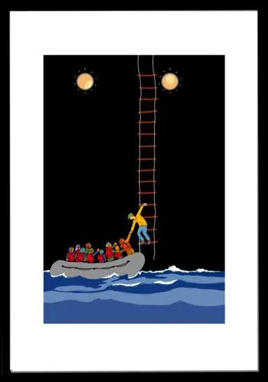 En ribb med båtflyktninger blir reddet ombord i et stort skip