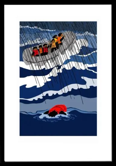 En overfylt ribb, mennesker  med flytevester i et opprørt hav