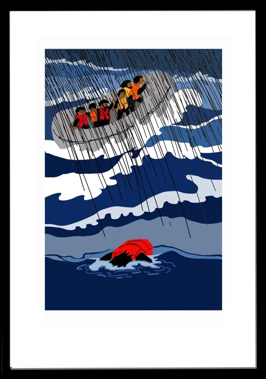 En overfylt ribb, mennesker  med flytevester i et opprørt hav